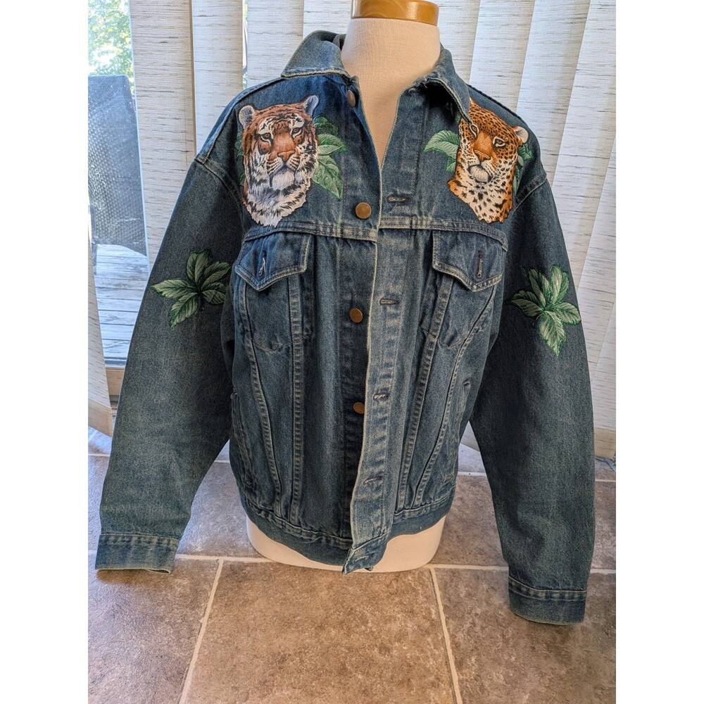 Vintage Wrangler 13 Oz Denim Jacket Custom Tiger Lion Cheetah Print Large Cotton
